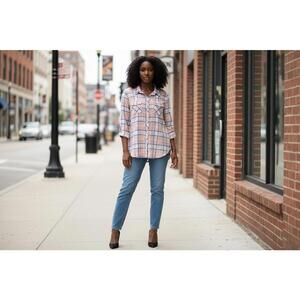 Women's Plaid Button-Up Shirt with Roll-Up Sleeves